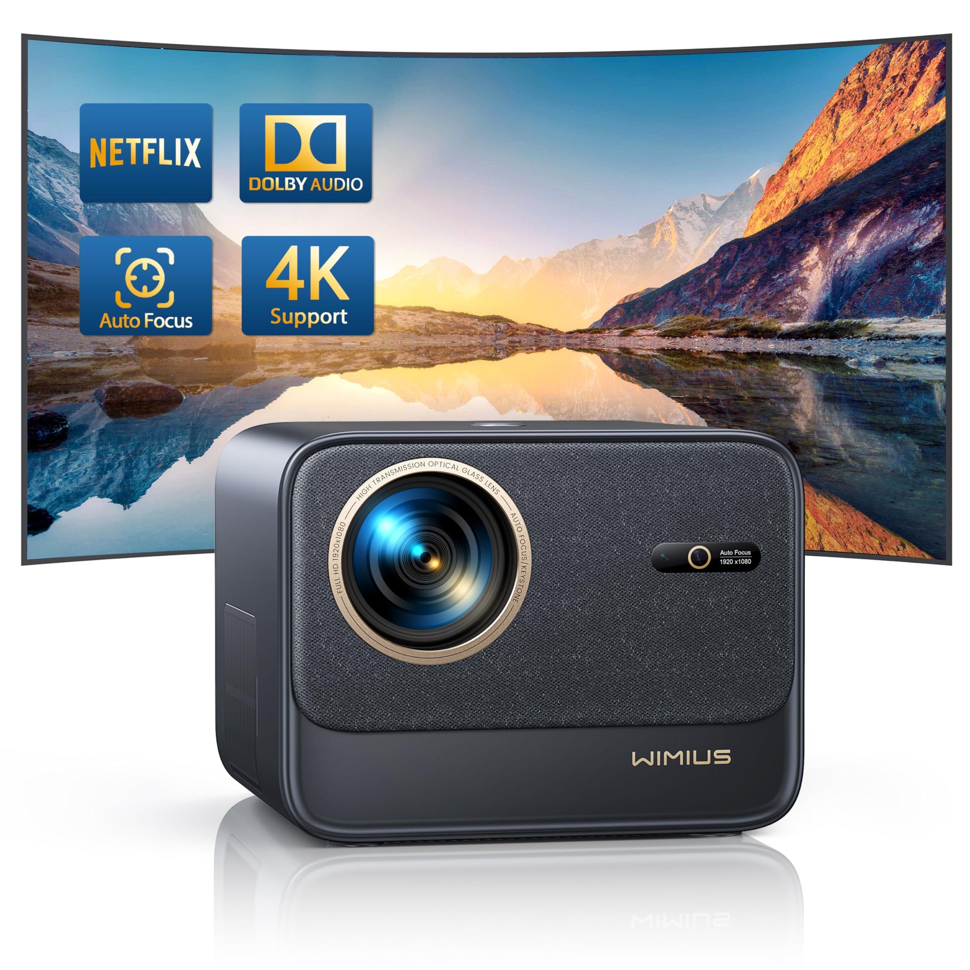 Smart Beamer 4K Full HD Netflix Dolby Audio, dunkelgraues, rechteckiges Gerät. Projiziert 4K/Full HD Inhalte mit Dolby Audio für Heimkino.