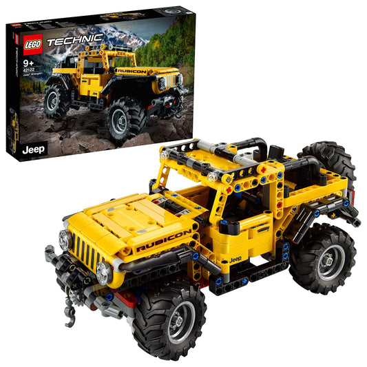 LEGO Technic Jeep Wrangler 4x4. Geländegängiges, gelbes Automodell mit grobstolligen Reifen. Funktionstüchtige Radaufhängung ermöglicht realistisches Fahren im Gelände.
