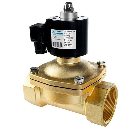 FSA Magnetventil Messing 2" 230V AC Viton stromlos geschlossen. Messingventil zur elektrischen Steuerung von Fluidströmen, schließt ohne Stromzufuhr.