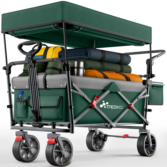 TRESKO Bollerwagen Faltbar Handwagen mit Dach, Kühlfach 150kg – Grün. Aufgeklappt, zum Transport von Lasten und Proviant.