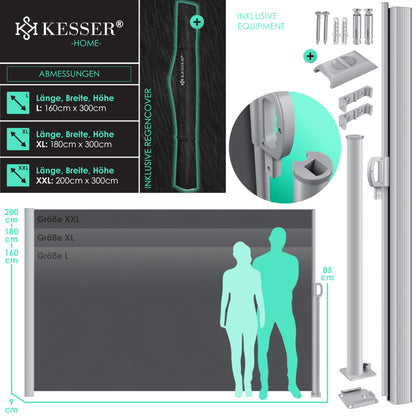 KESSER Alu-Seitenmarkise ausziehbarer Sichtschutz – 300x200cm Dunkelgrau