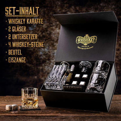 Whisiskey Whiskey Karaffe Set mit 2 Gläsern und 4 Whisky Steinen