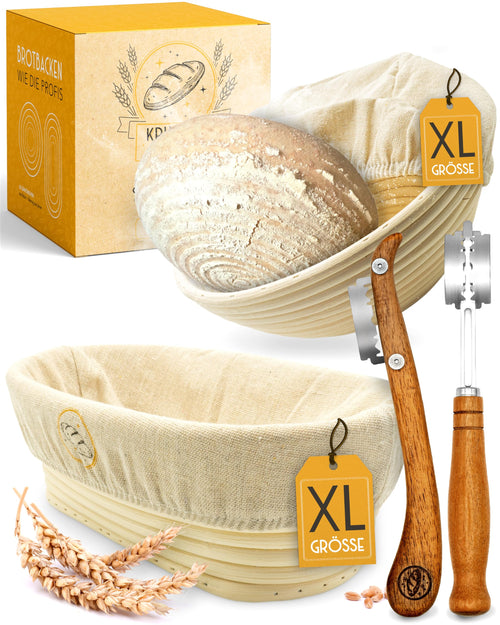 KRUSTENZAUBER Gärkörbchen Set mit 2 Bäckermessern, rund & oval – Gärkörbe aus natürlichem Rattan