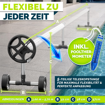 tillvex Pool Aufroller 3-5,70 m mit Vollgummireifen und Thermometer
