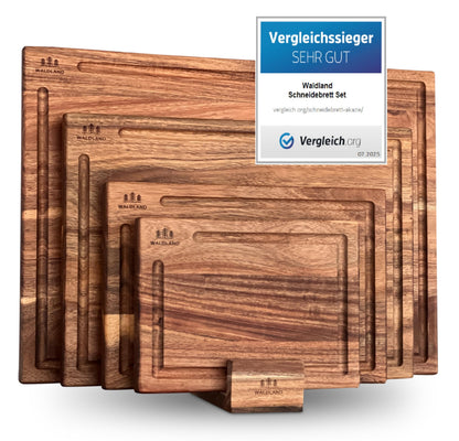 WALDLAND Schneidebrett Set aus Akazienholz, 4 Grössen mit Brettständer zum Schneiden und Servieren
