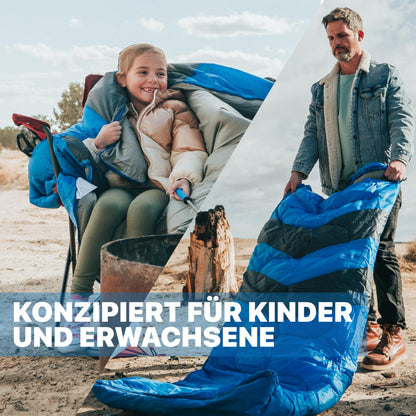 MalloMe Camping Schlafsack für Erwachsene und Kinder, blau, 0–25 °C