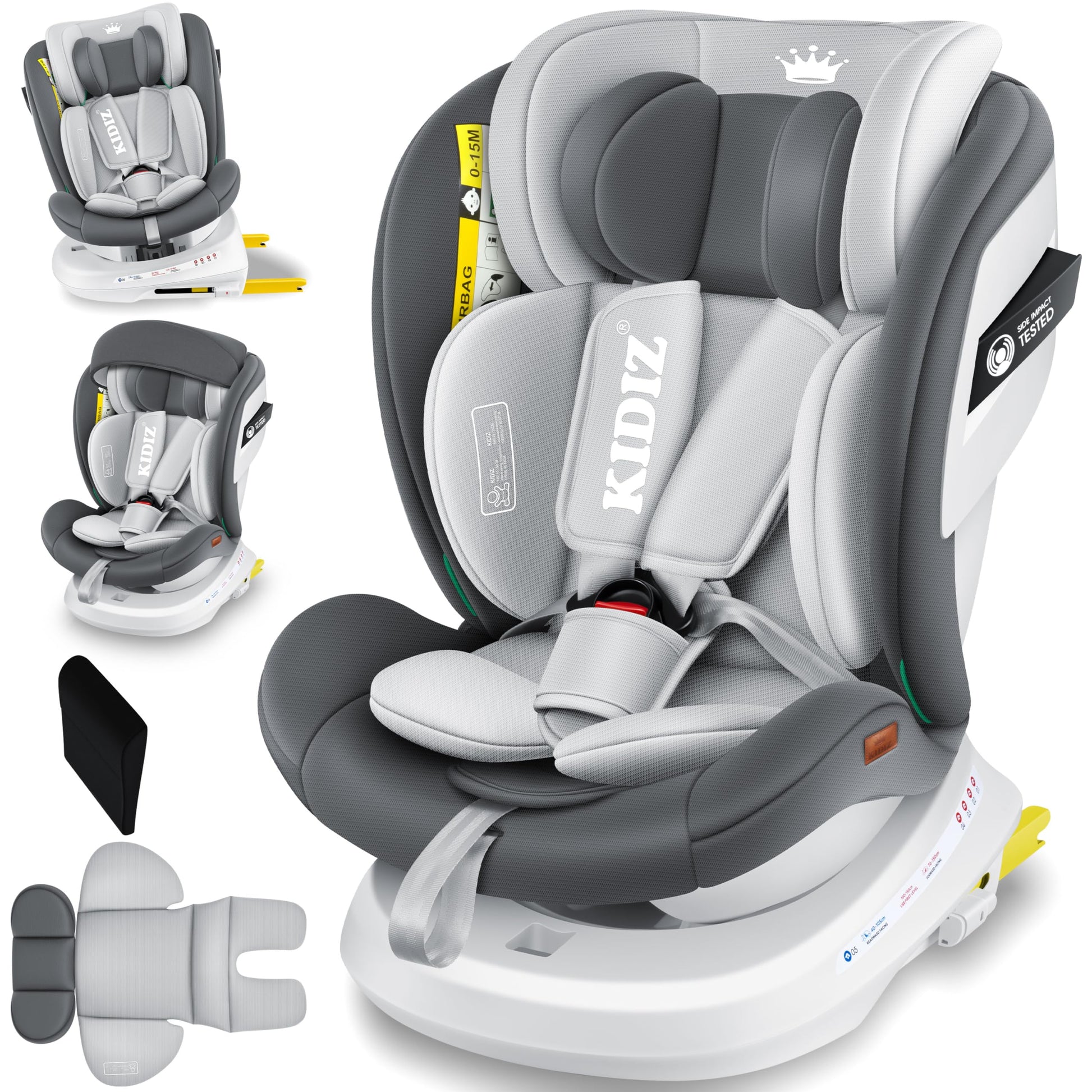 KIDIZ i-Size Kindersitz Isofix 360° Gruppe 0/1/2/3. Ergonomischer, grauer Sitz für sicheren Transport von Kindern aller Altersgruppen im Auto.