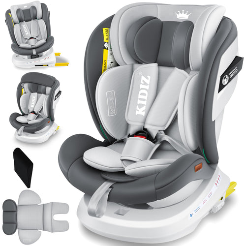 KIDIZ i-Size Kindersitz Isofix 360° Gruppe 0/1/2/3. Ergonomischer, grauer Sitz für sicheren Transport von Kindern aller Altersgruppen im Auto.