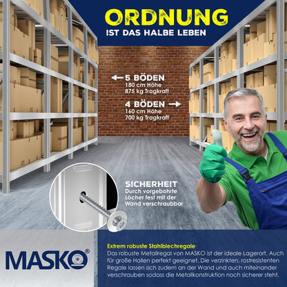 MASKO Schwerlastregal 2er-Set, Kellerregal 160 x 80 x 40 cm, Silber
