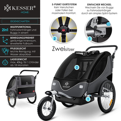 KESSER Kinderfahrradanhänger 2in1 Jogger – Schwarz