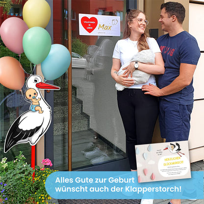 GLÜCKSGUT Klapperstorch Baby Blau 100 cm, Geburtsstorch Set