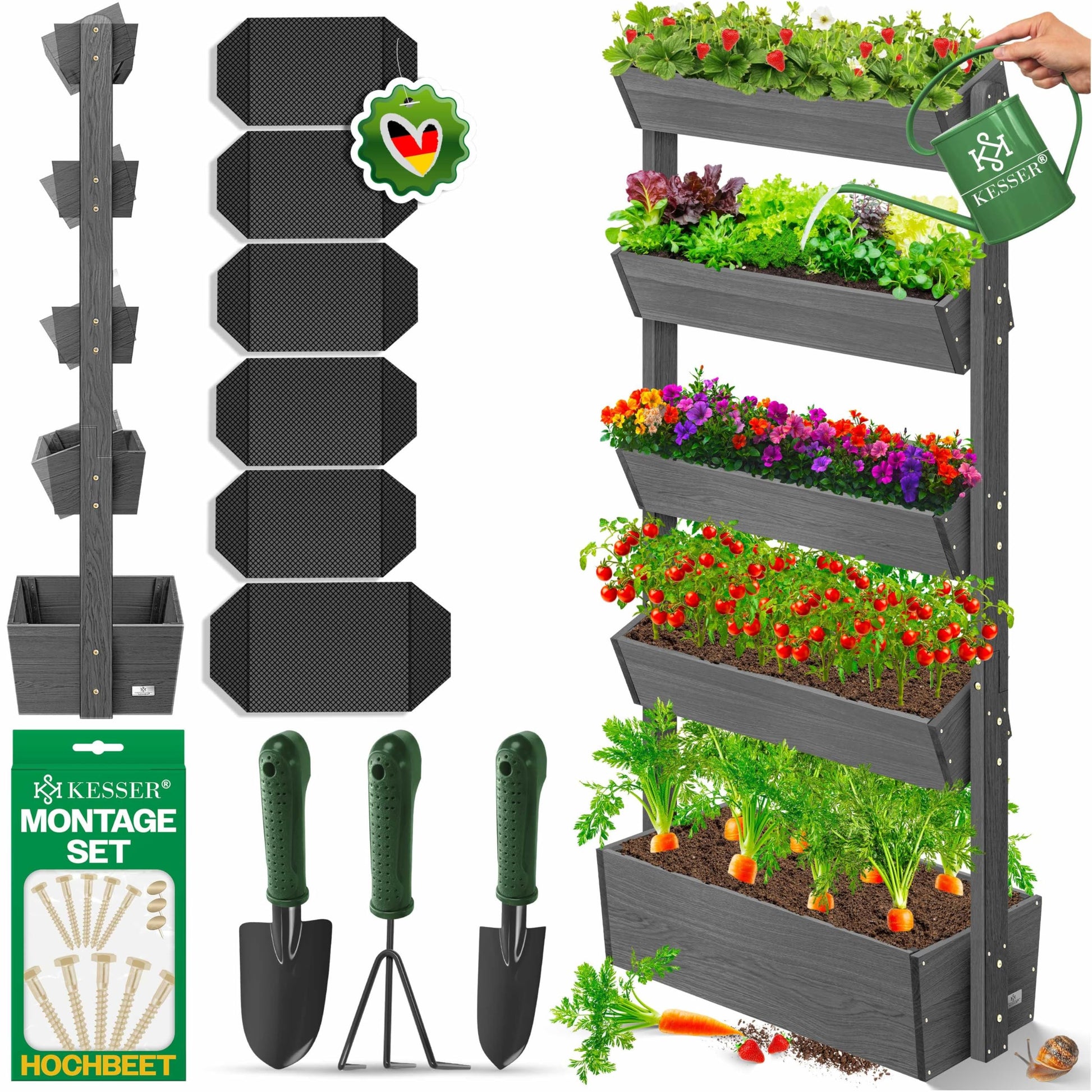 KESSER Hochbeet 5 Etagen Blumentreppe aus Tannenholz, Anthrazit – Pflanztreppe mit Gartenvlies und Schaufelset