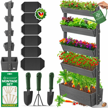 KESSER Hochbeet 5 Etagen Blumentreppe aus Tannenholz, Anthrazit – Pflanztreppe mit Gartenvlies und Schaufelset