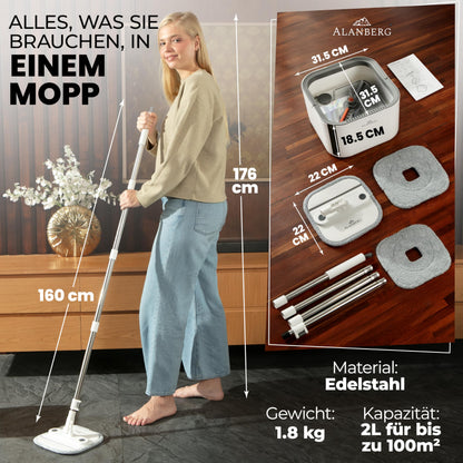 ALANBERG Wischmopp Set mit Eimer Gen 2, 360°-Flachwischer, weiss