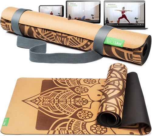 BACKLAXX Yogamatte Kork Fitnessmatte - Naturkautschuk, rechteckig, Kork braun. Für Yoga & Fitness mit Dämpfung.