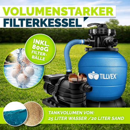 tillvex Sandfilteranlage Pool 10 m³/h mit 7-Wege-Ventil, Blau