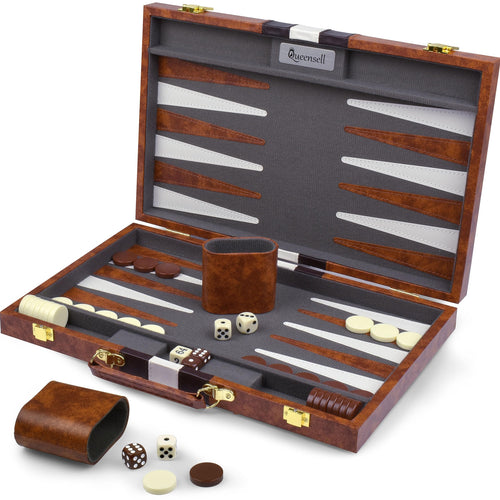 Queensell Backgammon Set 38 cm, Brettspiel im PU-Leder-Etui