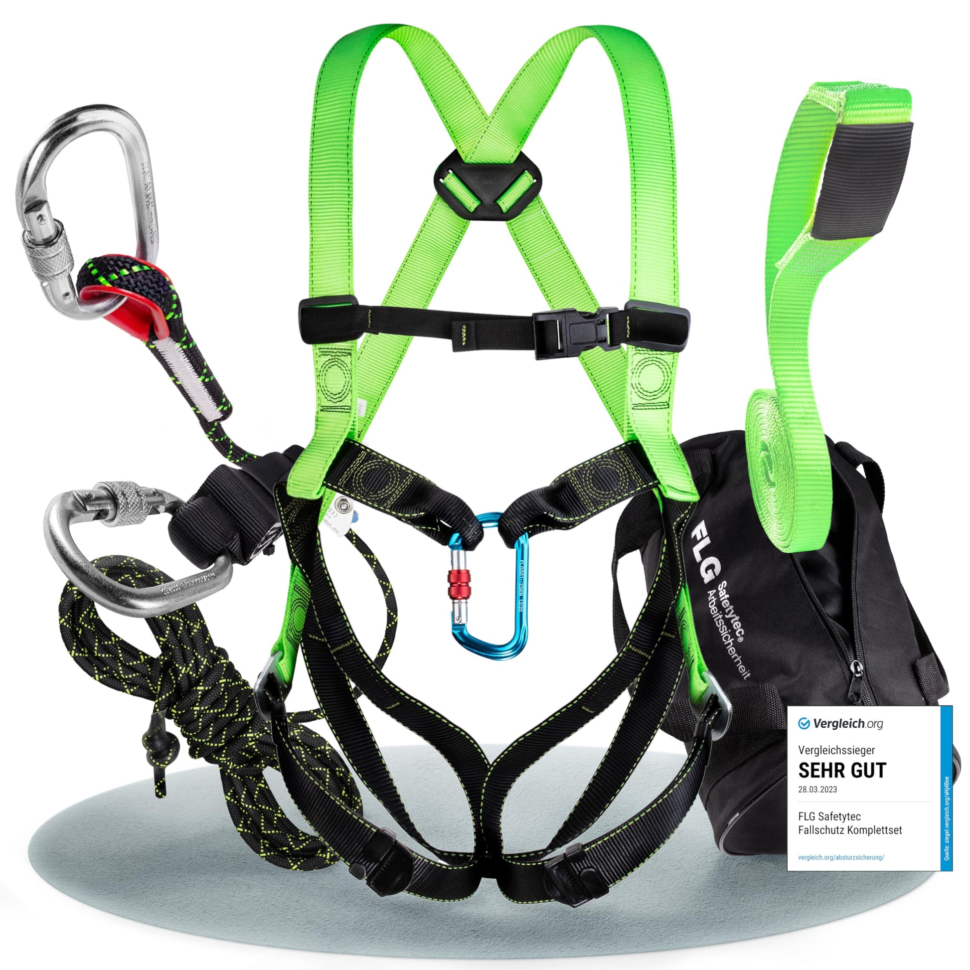 FLG Safetytec Fallschutz Komplettset 2-Punkt – 10m Verb., 2m Bandschlinge: 2-Punkt-Gurt, 10m Seil, 2m Bandschlinge zur Absturzsicherung.