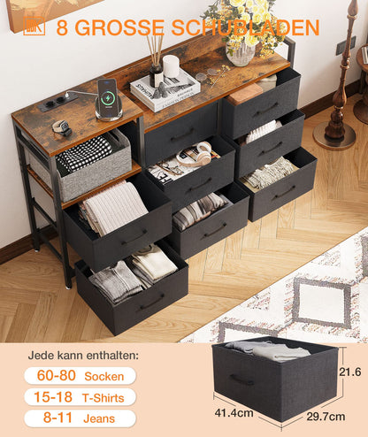 ODK Kommode 8 Stoffschubladen mit USB & AC – Vintage Schwarz