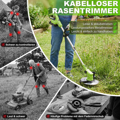 VOERJIA Akku Rasentrimmer 21V mit 2 Akkus, 4-in-1 Freischneider