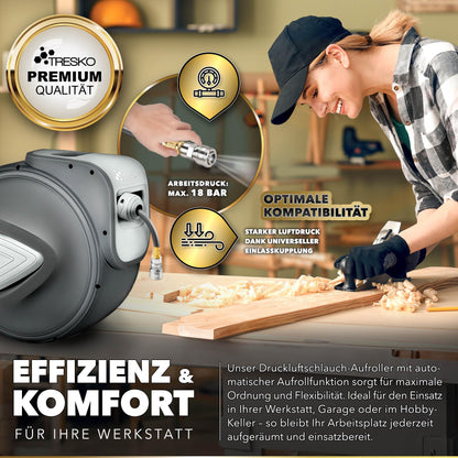 TRESKO Druckluftschlauch Aufroller automatisch 20m 1/4" Grau