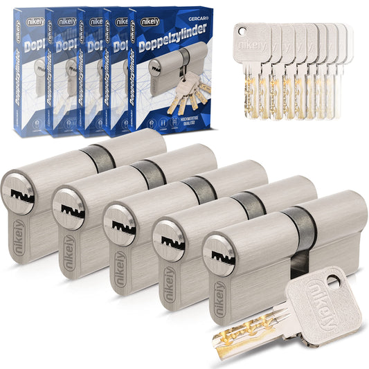 GERCAR Pro Gleichschliessend 5er Profilzylinder Set 40/50. Fünf silberne Profilzylinder für die gleichschliessende Verriegelung von Türen.