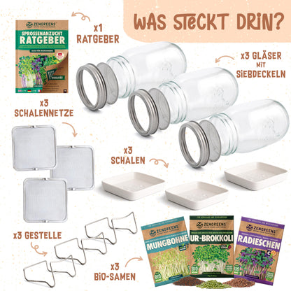 zengreens® Bio Sprossen Anzuchtset Sprossenglas – 1er Set