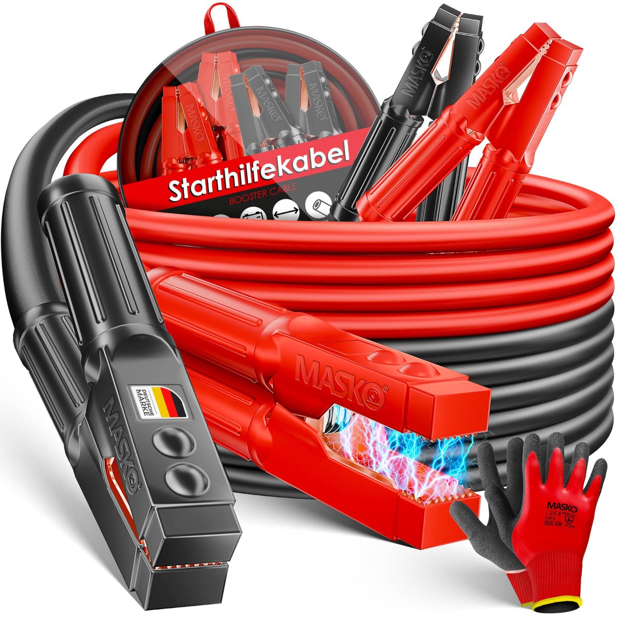 MASKO Starthilfekabel Überbrückungskabel 6 m 50 mm² 3000 A 12/24 V mit vollisolierten Polzangen und Transporttasche