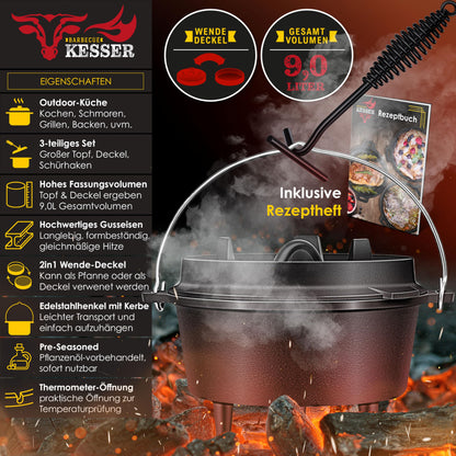KESSER® Dutch Oven Set BBQ 9L - Gusseisen Feuertopf mit Füssen