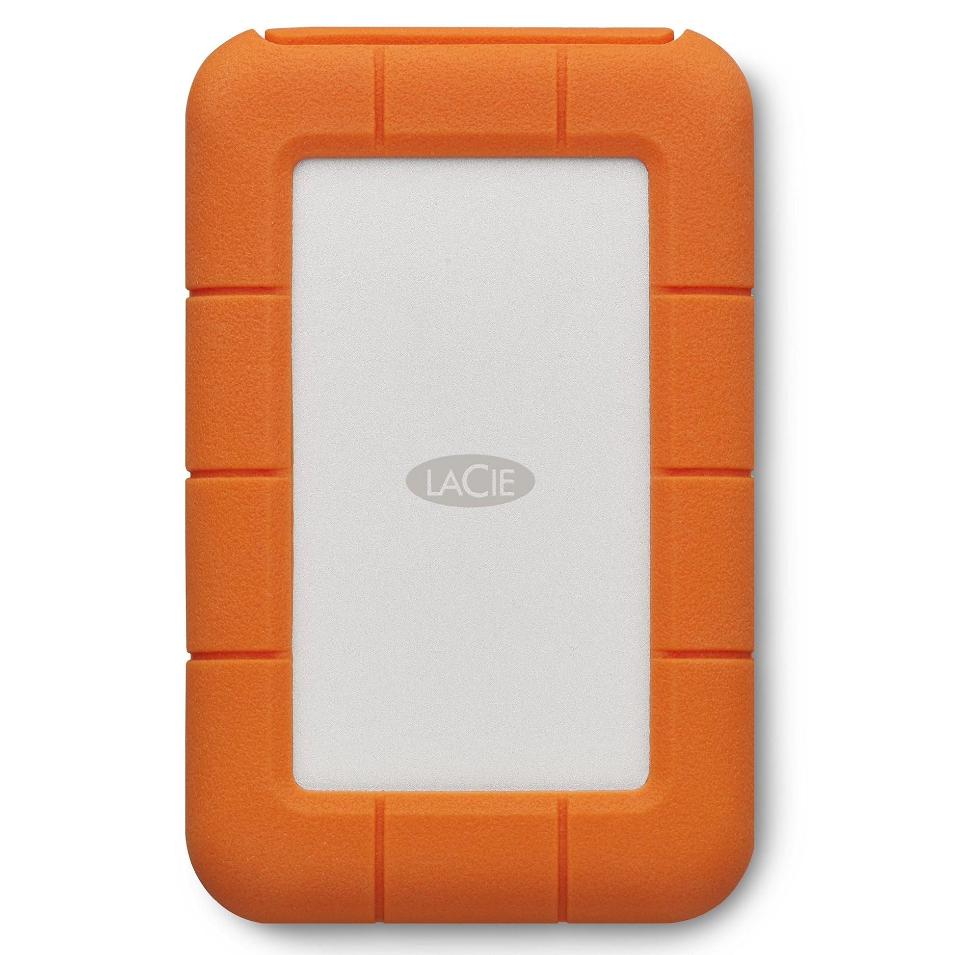 LaCie Rugged 4TB tragbare Externe Festplatte - USB-C STFR4000800. Robuste, orange-silberne, rechteckige Festplatte zur mobilen Datenspeicherung und Sicherung.