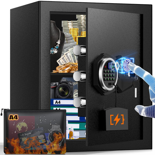 Mejasg 45L Fingerabdruck Tresor Safe mit A4 Brandschutztasche. Grauer Stahl-Tresor schützt Dokumente vor Diebstahl & Brand.