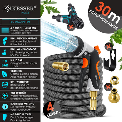 KESSER Flexibler Gartenschlauch 30 m, dehnbar, Sprühpistole, Anthrazit