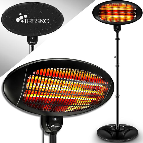 TRESKO Infrarot Stand-Heizstrahler 2000W - Terrassenstrahler. Schwarzes Standgerät. Heizt Terrassen mit Infrarotwärme.