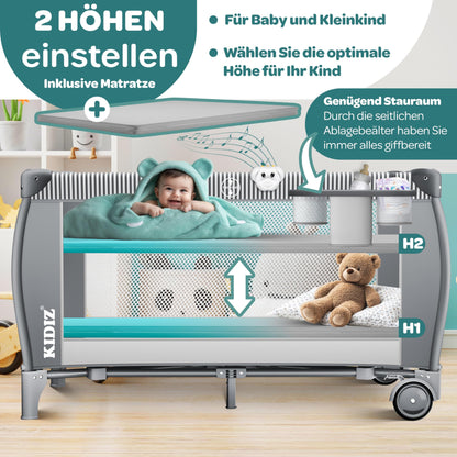 Kidiz Reisebett Baby klappbar 120x60 Grau mit Matratze