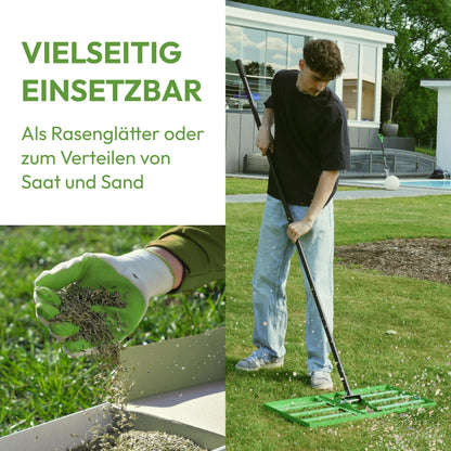 NovaTerra Rasenrakel 75x35 cm – Rasenplanierrechen mit 2 m Stiel