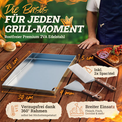 LIKAYA® Plancha Grillplatte Edelstahl - 30x40cm mit Spachtelset