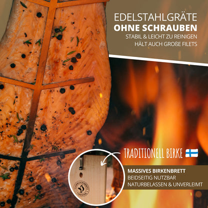 FINNWERK Flammlachsbrett aus Birke mit Edelstahlhalterung