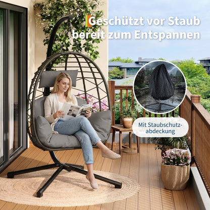 GarveeHome Hängesessel mit Gestell, PE-Rattan, bis 150 kg, Grau