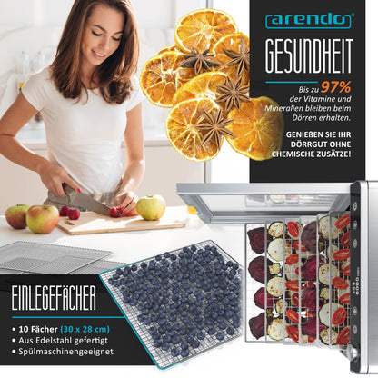 Arendo Dörrautomat Edelstahl - 10 Edelstahlgitter 8400 cm² Dörrgerät