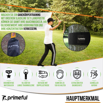 Primeful® Slackline Set Komplettset für Balance Training 18,5m
