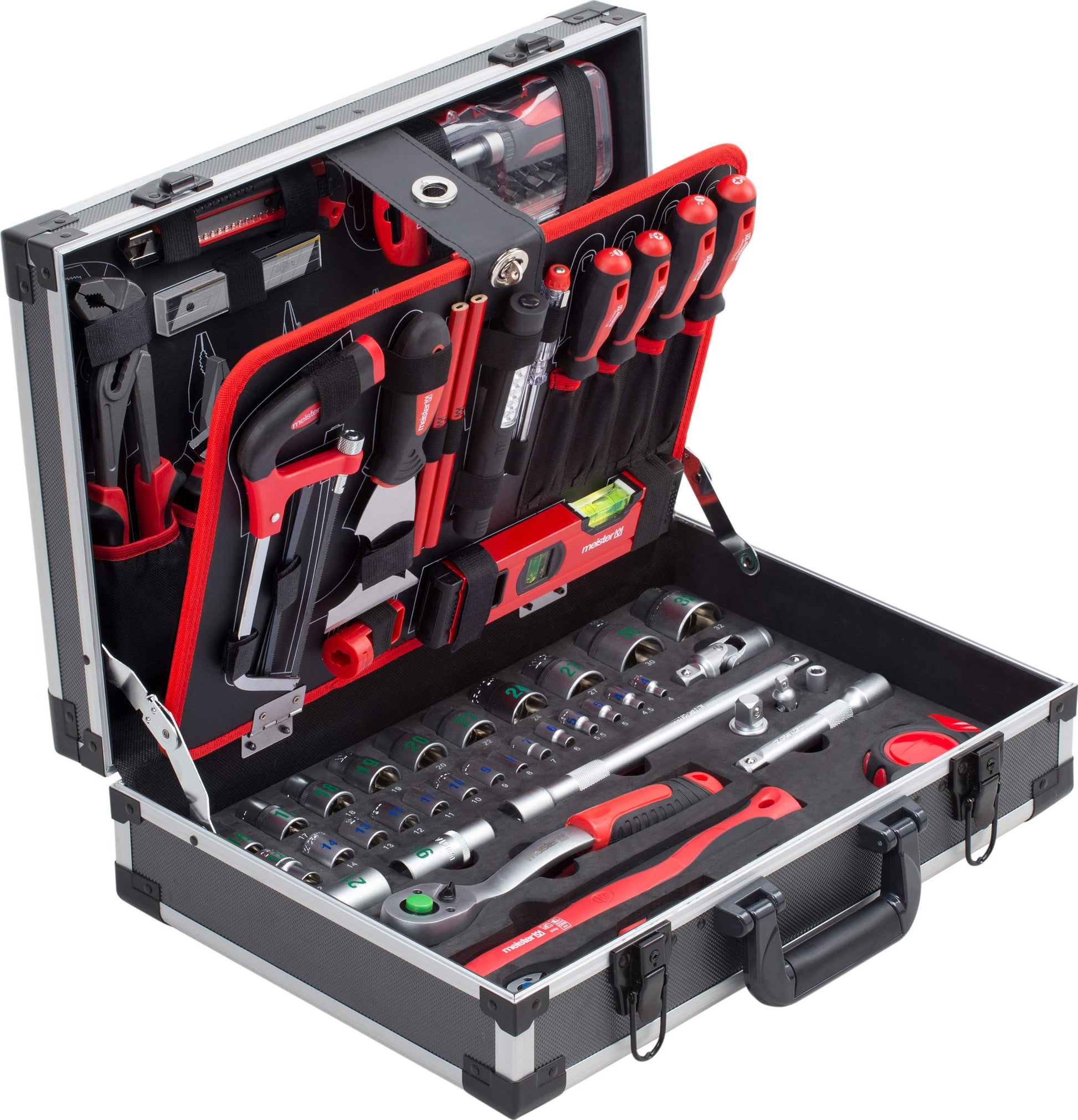 Meister Werkzeugkoffer 131-teilig Alu-Koffer - Modell 8971470. Rechteckiger Aluminium-Koffer, organisiert 131 Werkzeuge für Reparaturen und Montage.