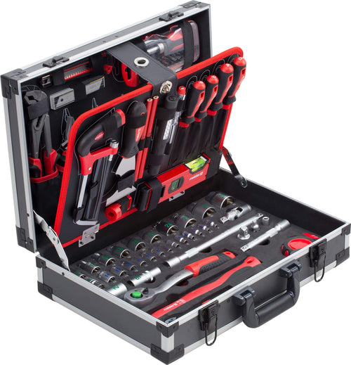 Meister Werkzeugkoffer 131-teilig Alu-Koffer - Modell 8971470. Rechteckiger Aluminium-Koffer, organisiert 131 Werkzeuge für Reparaturen und Montage.