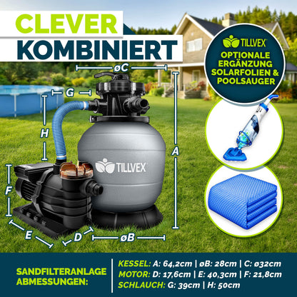 tillvex Sandfilteranlage Pool 10 m³/h mit 7-Wege-Ventil, Grau