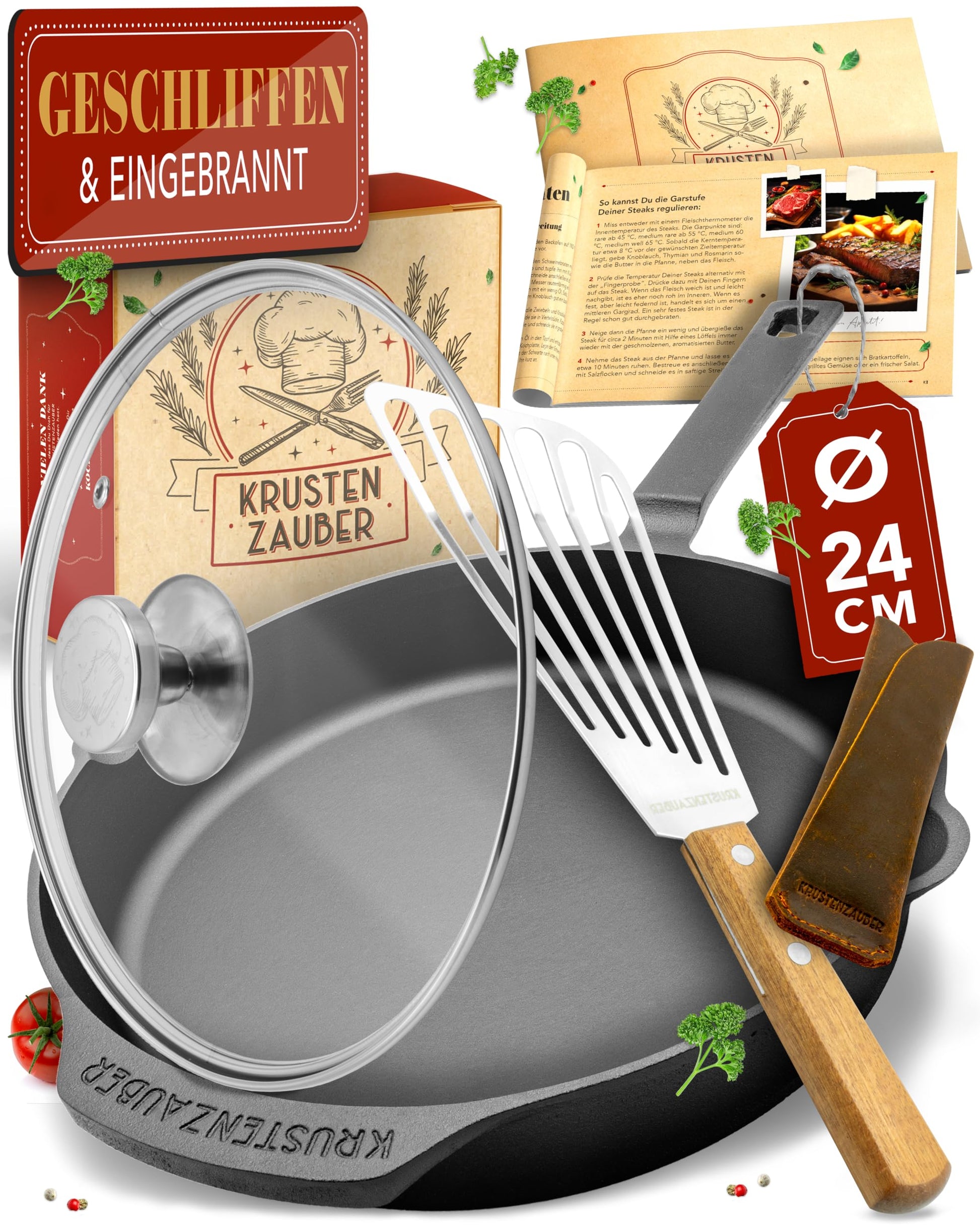 KRUSTENZAUBER Gusseisenpfanne Induktion 24cm inkl. Deckel. Runde, schwarze Gusseisenpfanne mit Deckel zum Braten und Schmoren auf Induktionsherden.