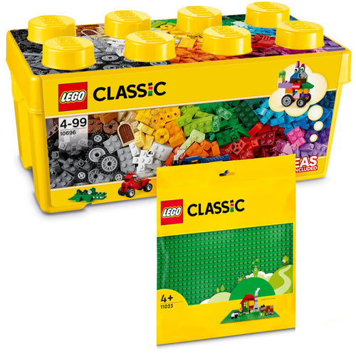 LEGO Classic Bausteine-Box mittelgross + grüne Bauplatte, 484 Teile – bunte Steine in Aufbewahrungsbox
