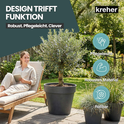 Kreher XL Pflanzkübel rund mit Rollen, 58 cm, Anthrazit, 2er-Set