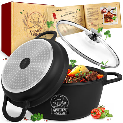 KRUSTENZAUBER 28cm Aluguss Bräter - Induktion mit Glasdeckel 6L. Aluguss-Bräter mit Glasdeckel zum Braten/Schmoren.