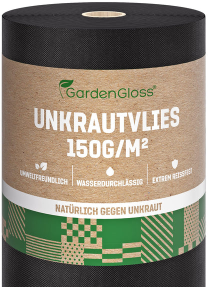 GardenGloss Unkrautvlies 150 g/m², Gartenvlies 25 m x 1 m, 1 Rolle – reissfest, wasserdurchlässig, zur Unkrautbekämpfung