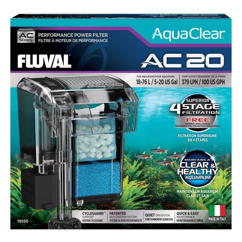 Fluval AquaClear AC20 Hochleistungsfilter für Aquarien 18–76 l mit ABS-Gehäuse und schwarzem Deckeleinsatz