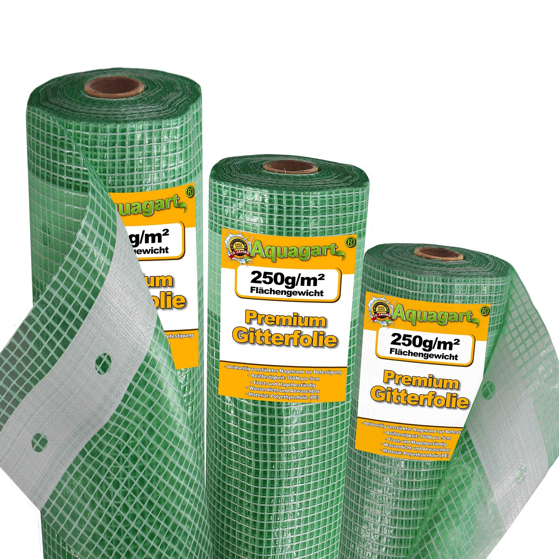 Aquagart Gewächshaus Gitterfolie – 250g, 4,0m breit, grün/transparent. Grüne, transparente Gitterfolie schützt Pflanzen in Gewächshäusern.